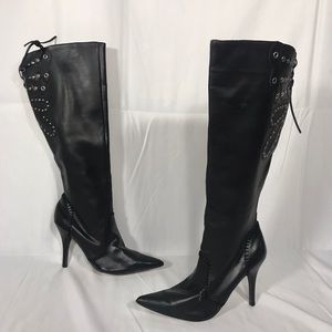 Black studded knee high boots